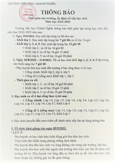 Thông báo thời gian tựu trường năm học 2022 - 2023
