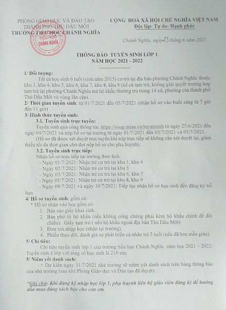 THCN TB tuyển sinh lớp 1 NH 21 22