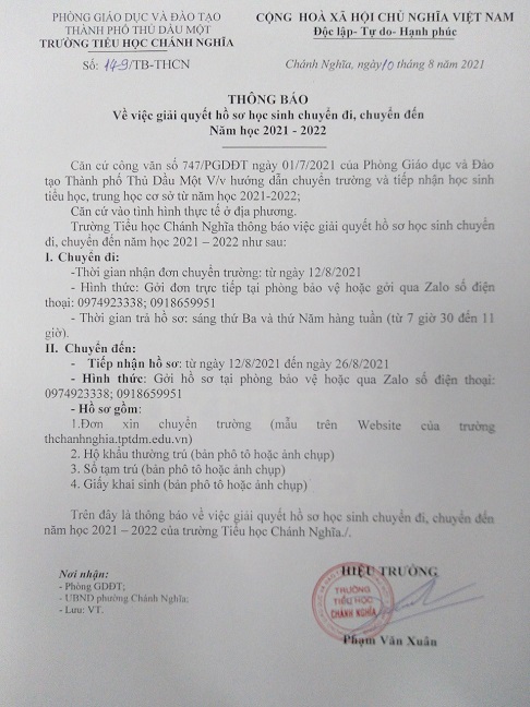 TB CHuyển đi đén NH 2021 2022