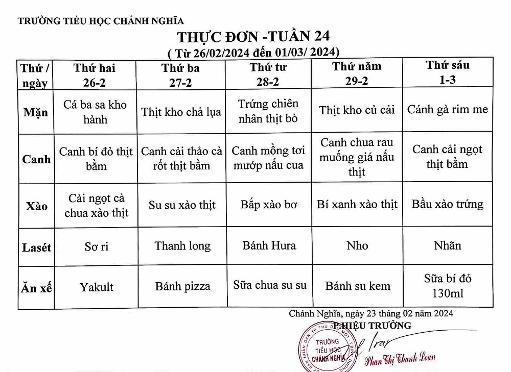 Thực đơn bán trú tuần 24