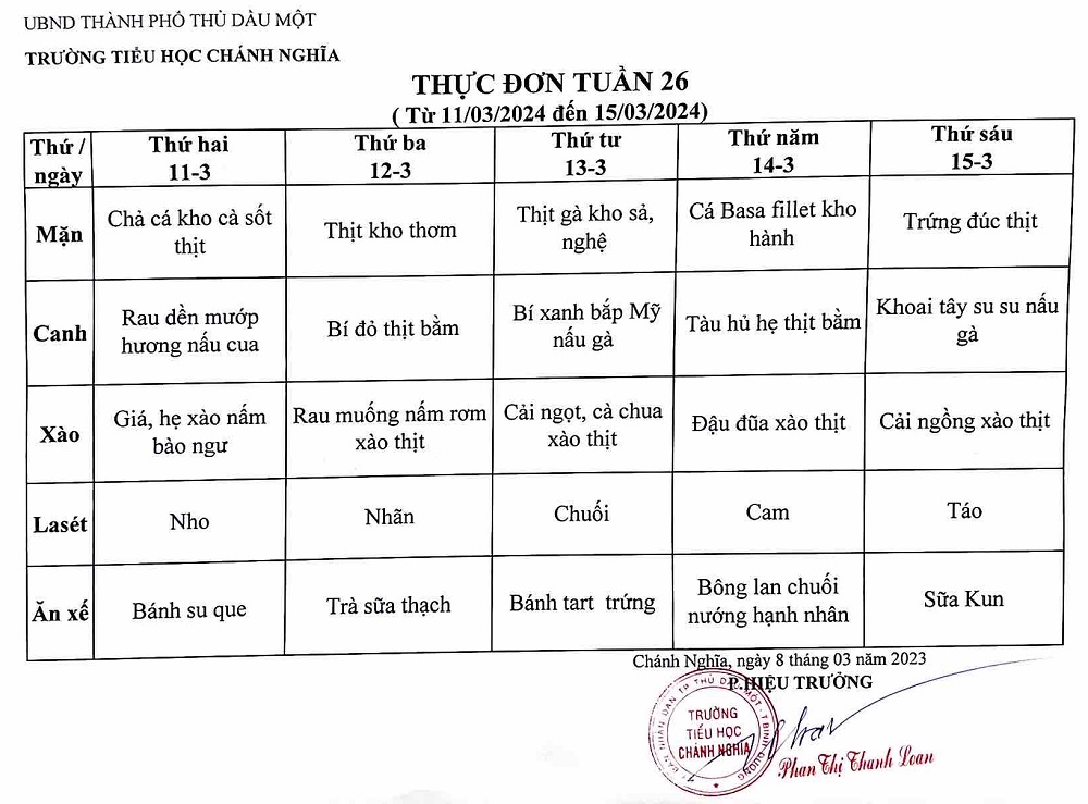 Thực đơn bán trú tuần 26