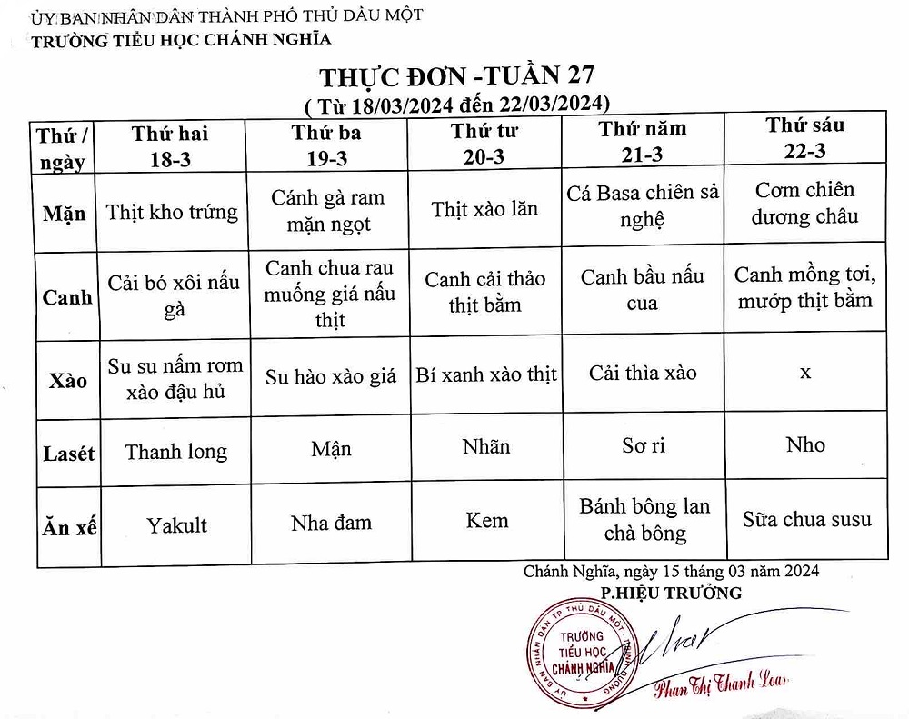 Thực đơn bán trú tuần 27