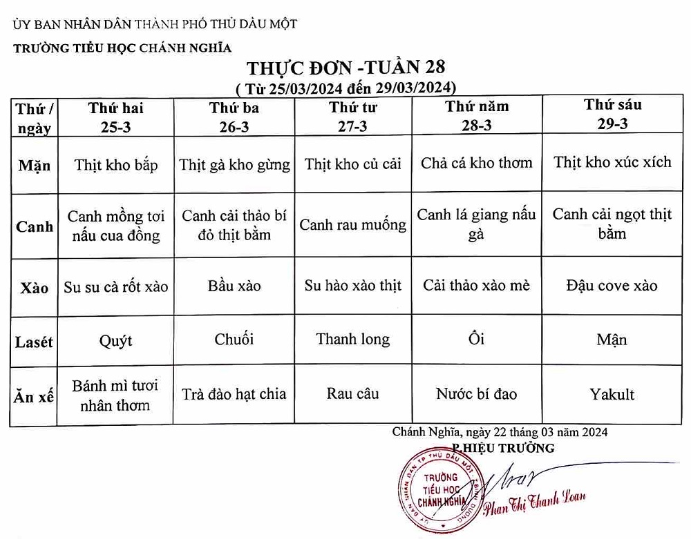 Thực đơn bán trú tuần 28