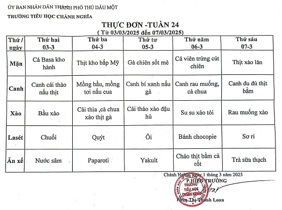 Thực đơn bán trú tuần 24 Năm học 2024 2025