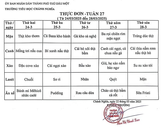 Thực đơn bán trú tuần 27 Năm học 2024 2025