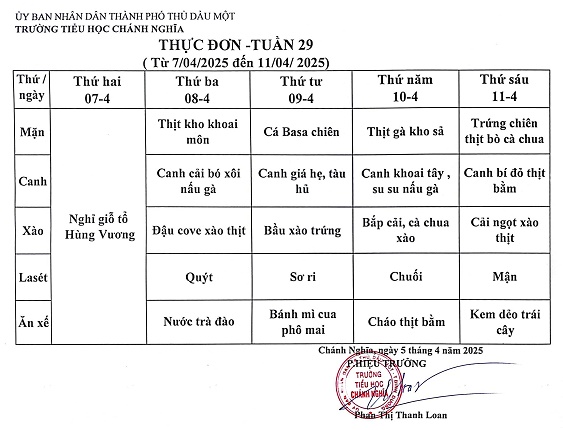 Thực đơn bán trú tuần 29 Năm học 2024 2025