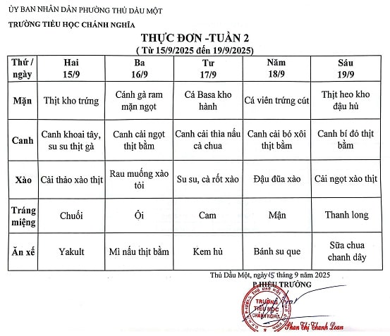 Thực đơn bán trú tuần 02 Năm học 2025 2026