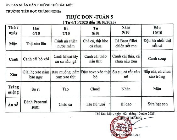 Thực đơn bán trú tuần 05 Năm học 2025 2026