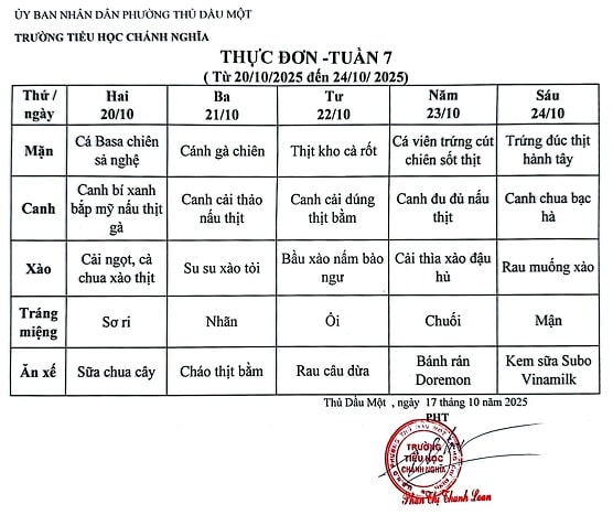 Thực đơn bán trú tuần 07 Năm học 2025 2026