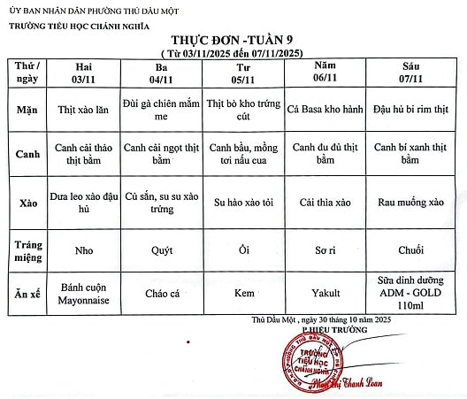 Thực đơn bán trú tuần 08 Năm học 2025 2026
