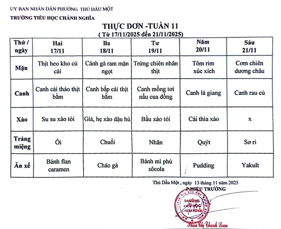 Thực đơn bán trú tuần 11 Năm học 2025 2026