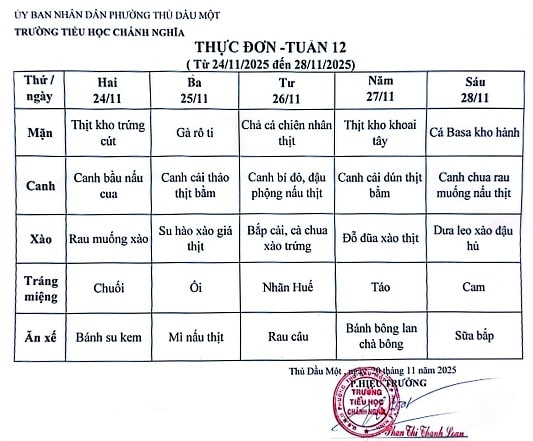 Thực đơn bán trú tuần 12 Năm học 2025 2026