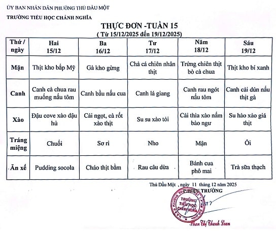 Thực đơn bán trú tuần 15 Năm học 2025 2026