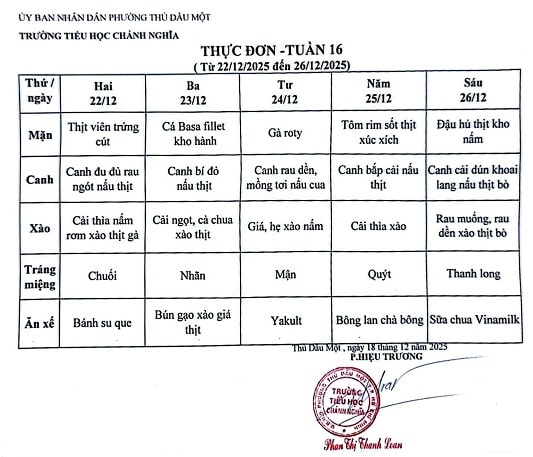 Thực đơn bán trú tuần 16 Năm học 2025 2026
