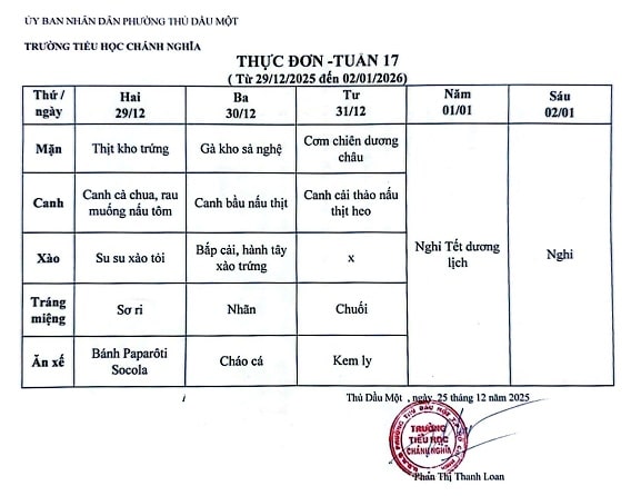 Thực đơn bán trú tuần 17 Năm học 2025 2026