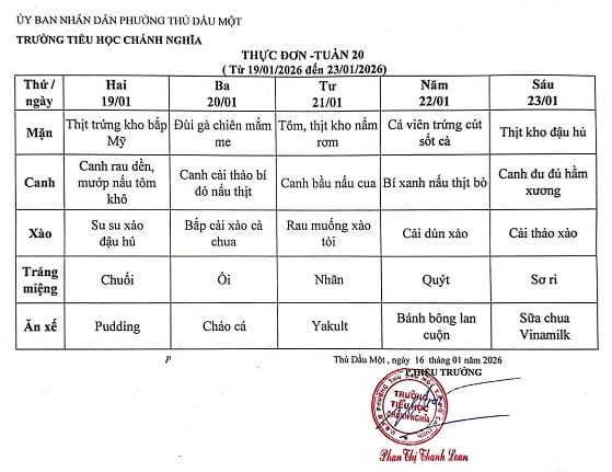 Thực đơn bán trú tuần 20 Năm học 2025 2026