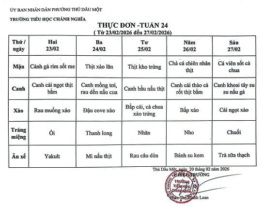 Thực đơn bán trú tuần 24 Năm học 2025 2026