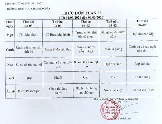 Thực đơn bán trú tuần 25 Năm học 2025 2026
