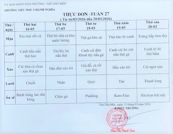 Thực đơn bán trú tuần 27 Năm học 2025 2026