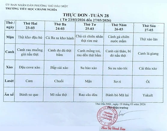 Thực đơn bán trú tuần 28 Năm học 2025 2026