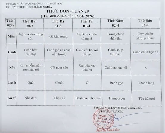 Thực đơn bán trú tuần 29 Năm học 2025 2026 a