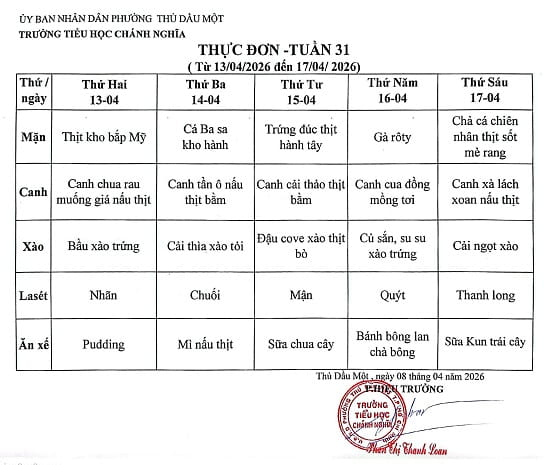 Thực đơn bán trú tuần 31 Năm học 2025 2026