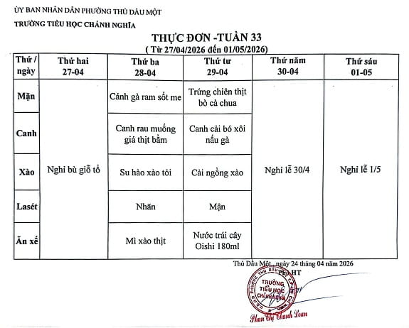 Thực đơn bán trú tuần 33 (Từ ngày 27/4 đến ngày 01/5/2026)