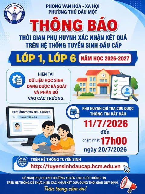 Thông báo thời gian PHHS xác nhận kết quả trên hệ thống tuyển sinh đầu cấp